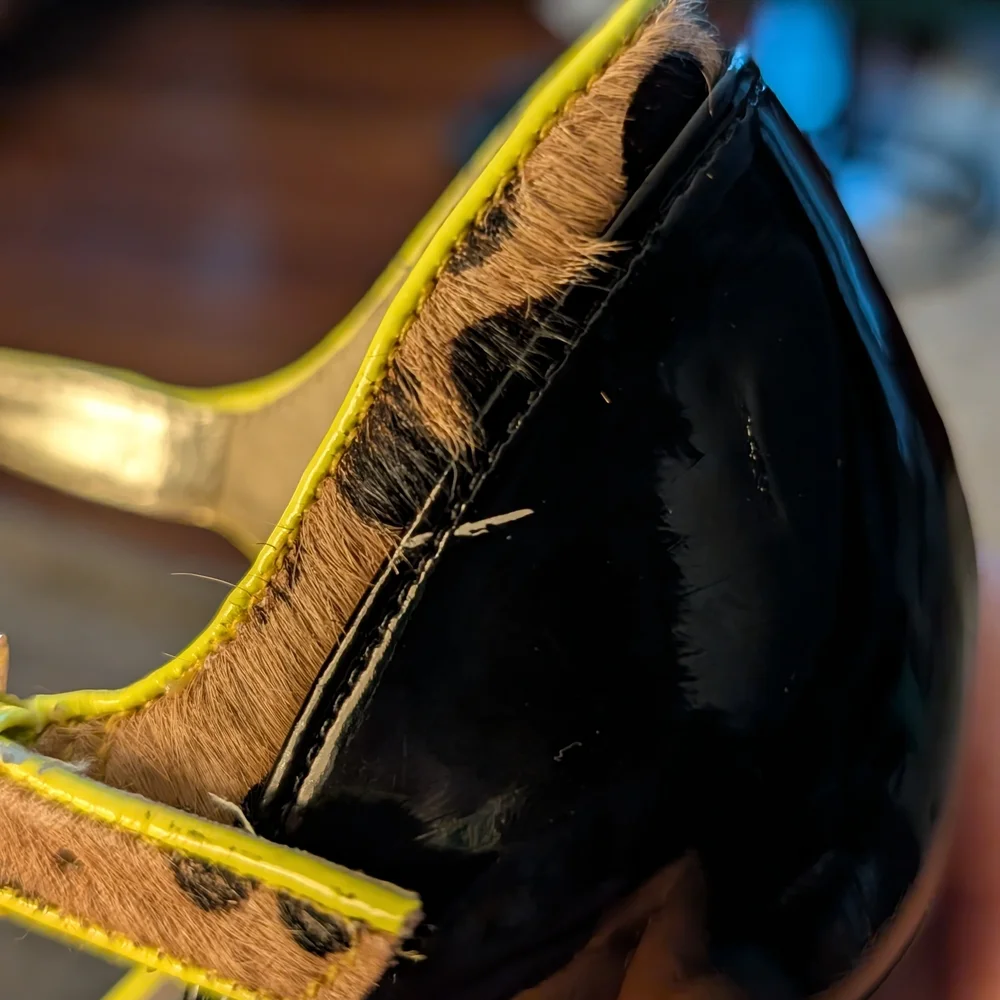 GUESS Yellow and Leopard Patent T-Strap Platform Heel